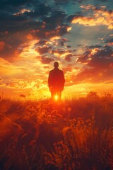 Silhouetted Figure Standing in Vibrant Sunrise Landscape Evoking Sense of Wonder and Gratitude