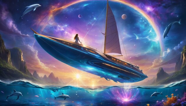 A captivating image of a futuristic yacht sailing through an oceanic alien world with multiple moons and leaping dolphins.. AI Generation