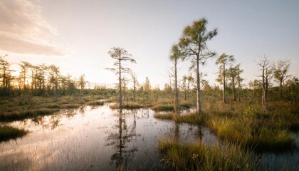 Fototapeta na wymiar swamp with trees in morning light