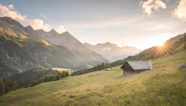 idyllic landscape in the alps with mountain chalet and green meadows