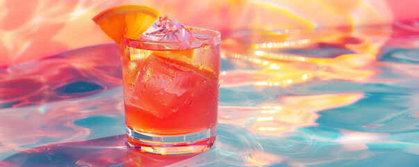 Photographic masterpiece of a fantasy summer cocktail, surrealistically vibrant, set against a dreamy, clean backdrop
