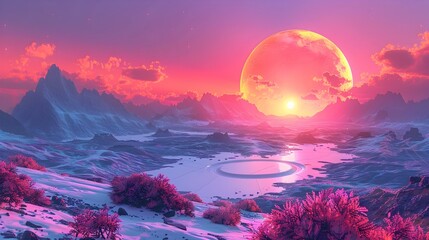 Surreal Cosmic Landscape with Cryptocurrency Symbol and Vibrant Sunset Sky