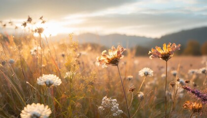 flower field meadow flowers in soft warm light autumn landscape blurry nature background