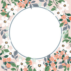 Floral card template, invitation with small cute hand drawn plants, daisy flowers, leaves. Pretty botanical decor with a round frame. Vector illustration.