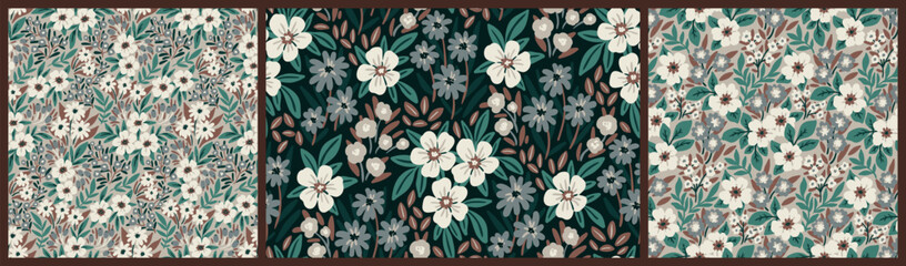 Seamless floral pattern, liberty ditsy print, ornate decorative art meadow. Abstract ornament, botanical design collection in vintage folk style: hand drawn small flowers, leaves. Vector illustration.