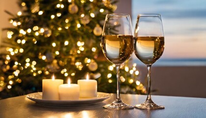 two glasses of wine on table in front of christmas tree and lights