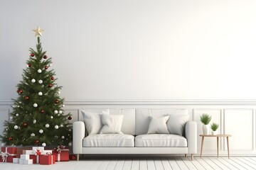 Minimalistic Christmas interior mockup. White wall with a sofa and a sleek Christmas tree