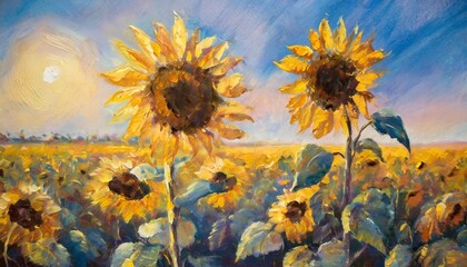oil painting of the yellow sunflowers on blue background