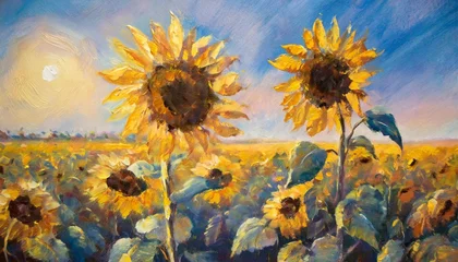 Rolgordijnen oil painting of the yellow sunflowers on blue background © Leila