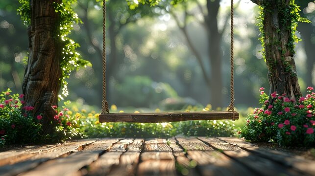 Old wooden terrace with wicker swing hang on the tree with blurry nature background 3d render