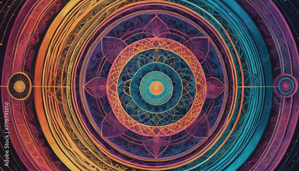 Poster a mystic mandala design with intricate patterns in cosmic hues, symbolizing harmony and the universe
