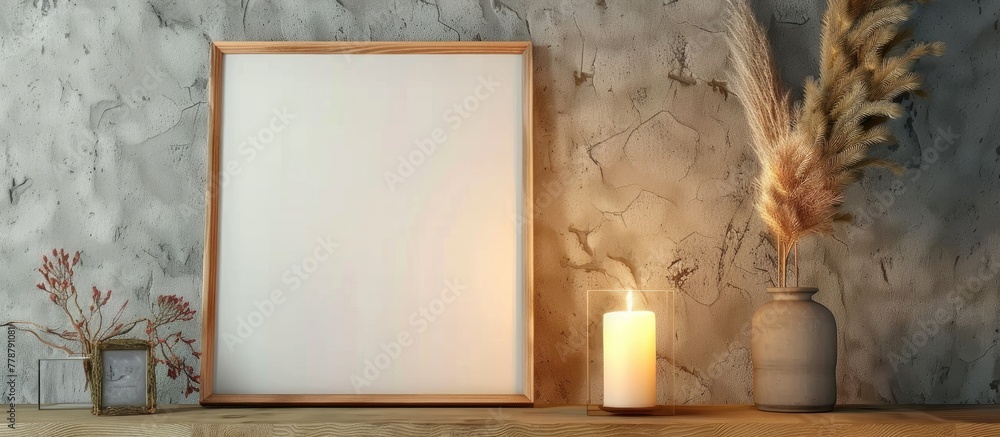 Poster a wooden table hosts a rectangular picture frame next to a glowing candle. the composition creates a
