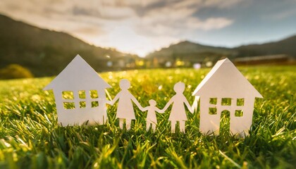 a creative representation of a paper family cutouts placed on vibrant green grass