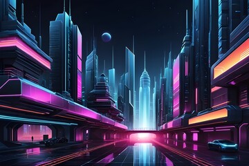 A vibrant, futuristic cityscape at night, illuminated by neon lights. Ideal for sci-fi or modern urban concepts. generative ai - obrazy, fototapety, plakaty