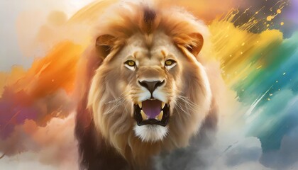 realistic angry lion face zoo park vector artwork lion king splash smoke rainbow background