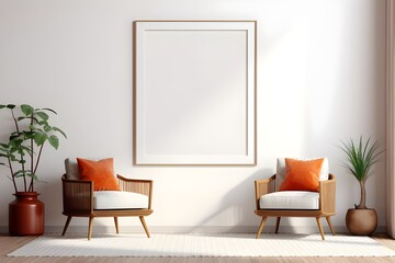 Two chairs and a large frame in a room, creating a cozy and artistic ambiance.