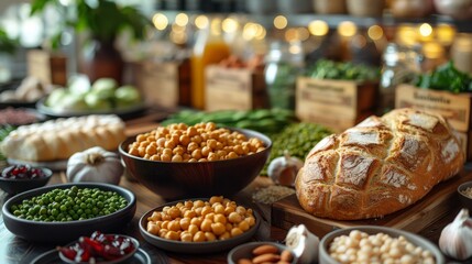   A table topped with bowls of beans and veggies, and a loaf of bread nearby