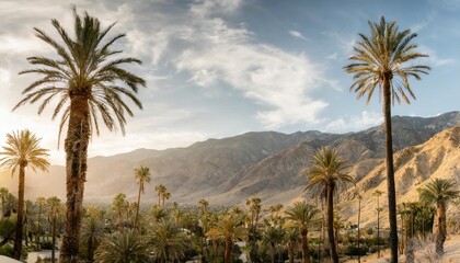 Fototapeta na wymiar palm trees and desert mountain panorama in palm springs california