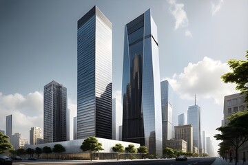 Obraz premium Modern skyscrapers reflecting clouds and blue sky, urban development and architectural design. Perfect for real estate and cityscape concepts. generative ai