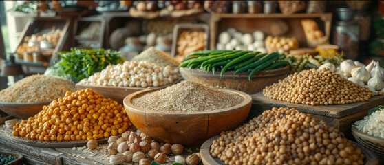   Vegetables and grains arranged in a table next to bowls of beans, onions, carrots, peas, and broccoli