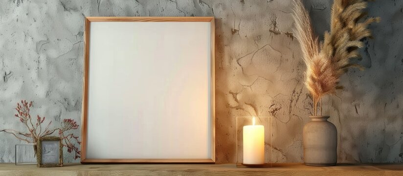 A wooden table hosts a rectangular picture frame next to a glowing candle. The composition creates a still life photography scene with tints and shades, highlighting the art and warmth of the setting