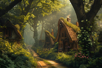 Imagine a dreamy forest landscape with whimsical cottages scattered amidst winding paths and lush...