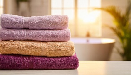 table top on towels background closeup of a stack or pile of violet and pink soft terry bath towels at a bright table against blurred bathroom background space
