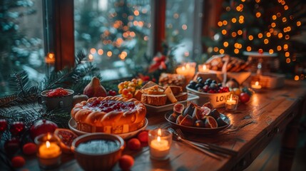   A festive table laden with an array of delectable dishes, adorned with flickering candles, and set against a backdrop of a majestic Christmas tree - obrazy, fototapety, plakaty