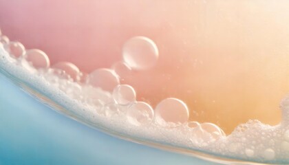 Obraz na płótnie Canvas macro photo of bubbles in water pink and blue background with foam made of soap shampoo lotion detergent colorful banner with copy space for laundry and cleaning services beauty skin care concept