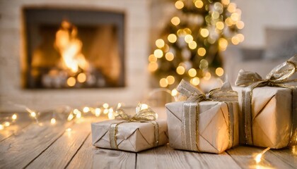 christmas gifts with bright illumination lights on a light wooden background near a fireplace with fire