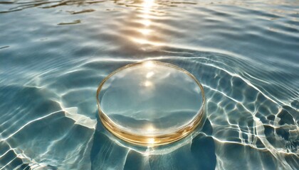 empty clear glass circle podium on blue transparent calm water texture with waves in sunlight...