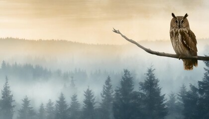 horizontal banner of forest background silhouettes of trees owl on branch magical misty landscape...