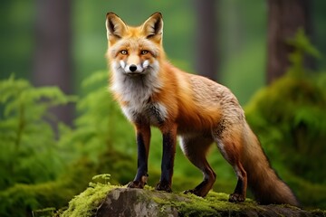 Naklejka na ściany i meble A fox walking through a forest with lots of trees 