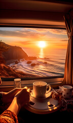A woman's hands having breakfast with tea inside a camper van/mobile home with views of a lake in the mountains in autumn. Travel lifestyle with a camper