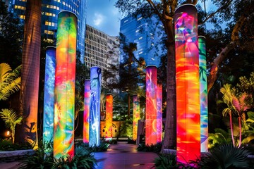 Vibrant light installations in a city park with colorful illuminated pillars set against a night...