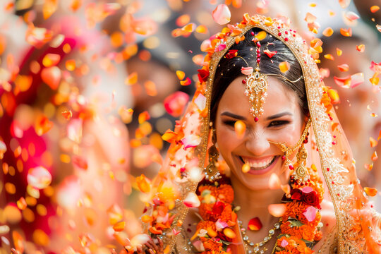 A joyous Indian bride surrounded by flying flower petals during a traditional wedding celebration, radiating happiness and beauty.