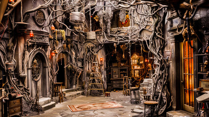 Enchanting magical-themed interior with antique books, cobwebs, and mystical decorations, perfect for creative projects.