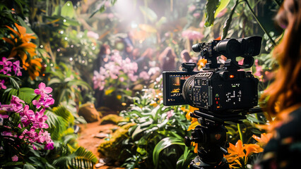 Professional video camera filming vibrant orchids in a lush tropical botanical garden. Cinematography equipment in nature setting.