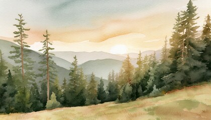 watercolor forest tree illustration mountain landscape woodland pine trees green forest