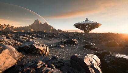 alien black sand landscape foreground giant sulphide minerals spaceship nordic rocky black rubble environment in background is sci fi futuristic spaceship - obrazy, fototapety, plakaty