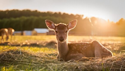 deer in the grass a calf lying on the straw farm with the gentle rays of the sun streaming in - obrazy, fototapety, plakaty