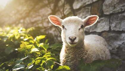 portrait of cute white small sheep lamb in green foliage near wall in vintage retro effect style happy easter and springtime concept