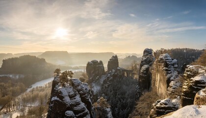 bastei panorama at sunrise in winter saxon switzerland sachsische schweiz saxony germany - obrazy, fototapety, plakaty