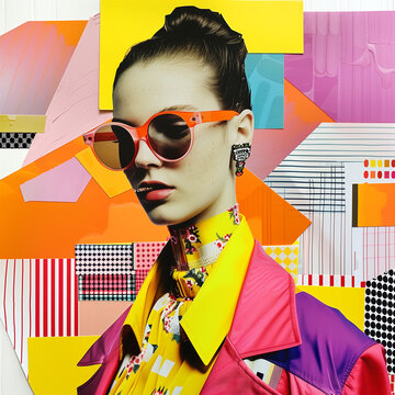 A mood board for fashion designers composed of photo collages and color swatches, patchworks of geometric prints for the Spring-Summer collection. AI Generative