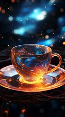 Celestial teacup, cosmic design, reflecting the passage of time through vibrant seasonal patterns silhouette lighting, lens flare effect
