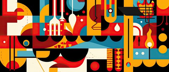 An abstract representation of grilling with bold colors and shapes symbolizing heat