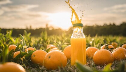 bottle of orange juice is splashing in a field of oranges the scene is bright and cheerful with the...