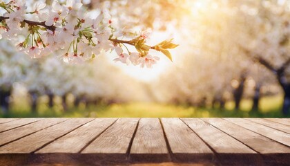 Naklejka na ściany i meble spring background with wooden table natural template for product display with cherry blossoms bokeh and sunlight generative ai empty wooden table in spring blooming cherry orchard during sunny day