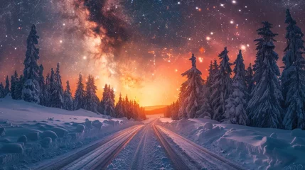 Foto auf Alu-Dibond The road leading to a colorful sunrise between snow-covered trees is framed by an epic Milky Way in the sky. © Praphan