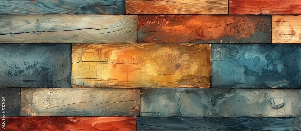 Poster an artistic display of colorful bricks arranged in a rectangular pattern, showcasing the beauty of b